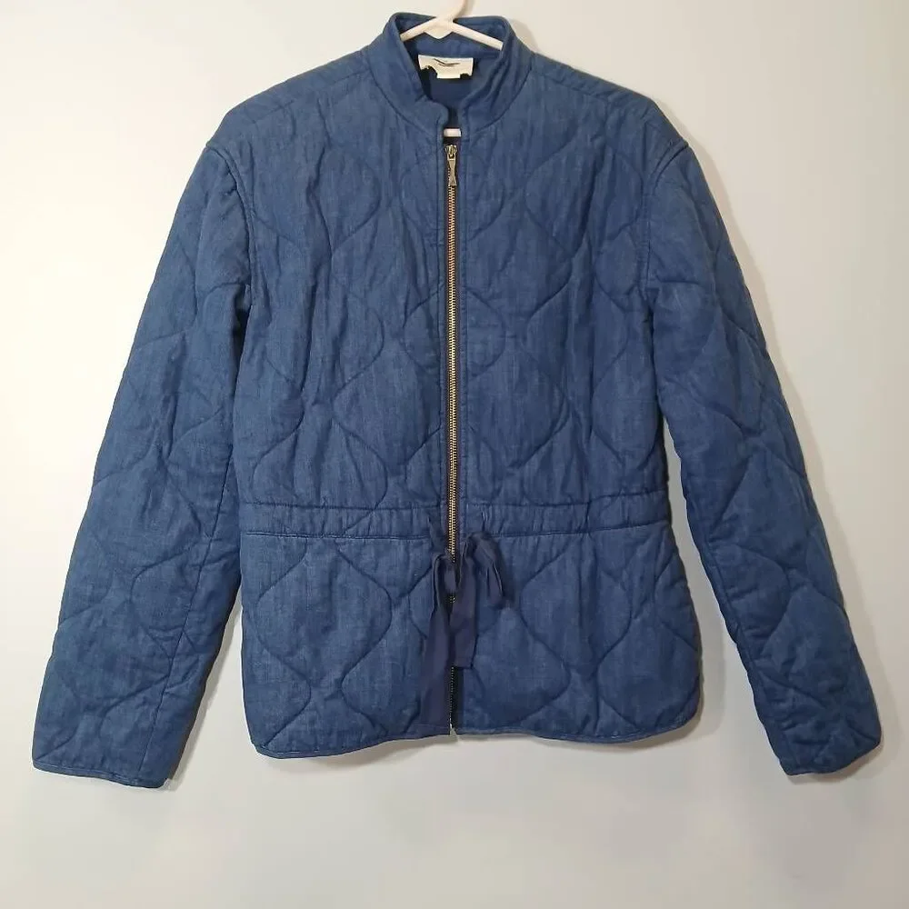 Kate Spade womens medium quilted denim jacket blue full zip cinched waist